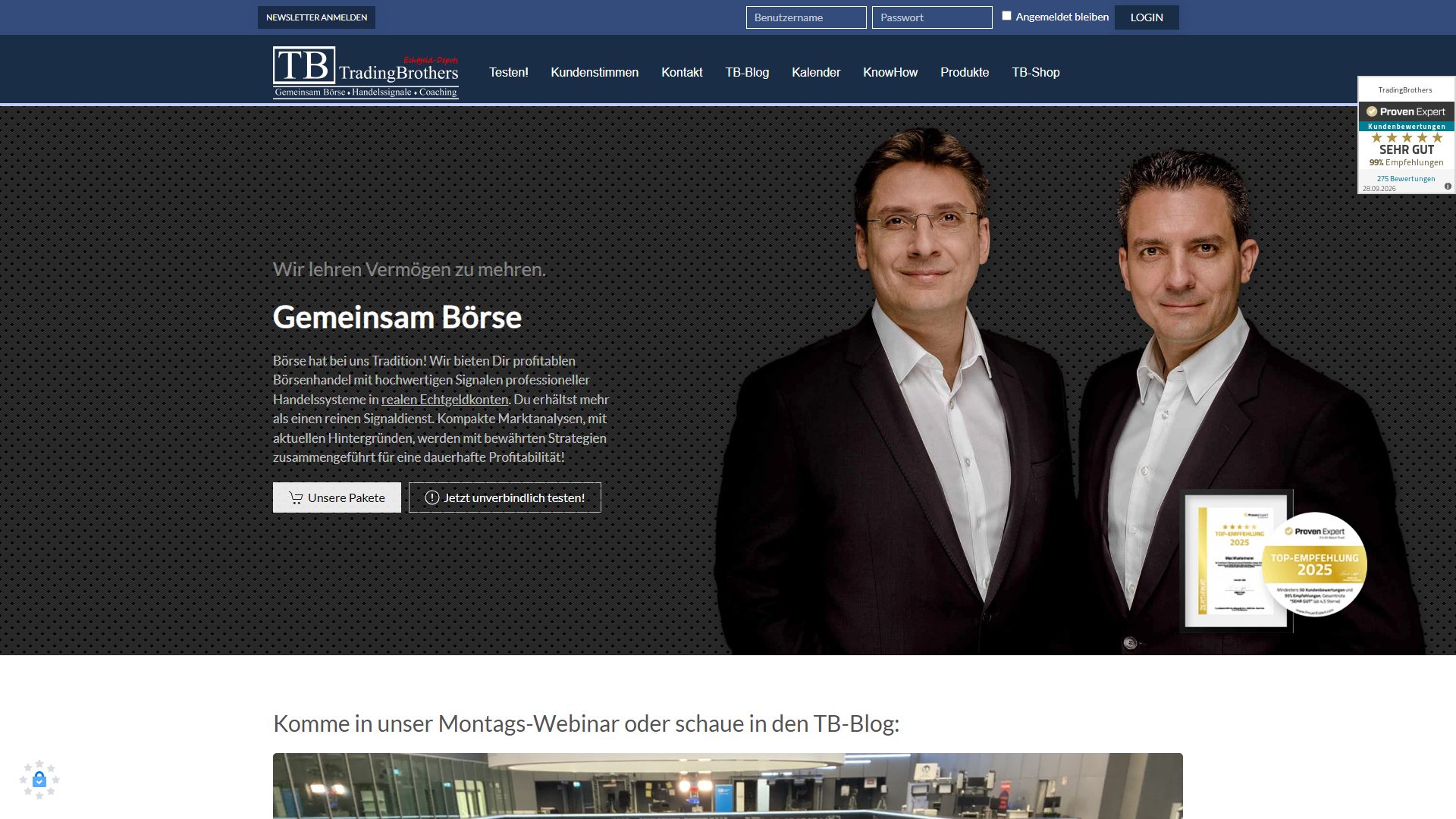 Startseite von Tradingbrothers nach technischen SEO- und Joomla-Arbeiten